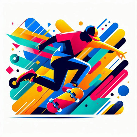 Vector illustration of a skateboarder with skateboard on colorful background.