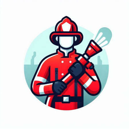 Firefighter in red uniform with torch. Vector illustration in flat styleのイラスト素材