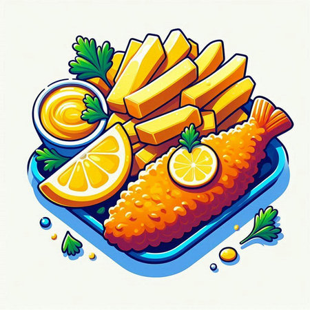 Fried fish with lemon and mayonnaise. Vector illustration.のイラスト素材