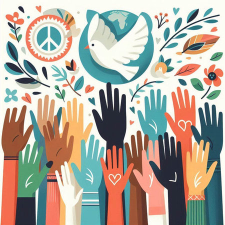 Vector illustration of raised hands with peace symbol. World peace day concept.のイラスト素材
