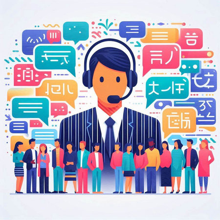 Customer service concept. Vector illustration in flat cartoon style. Businessman with headset, people and speech bubbles.のイラスト素材