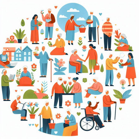 Flat design vector illustration of a group of elderly people and gardening.のイラスト素材
