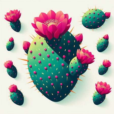 Cactus with flowers and buds. Vector illustration in retro style.のイラスト素材