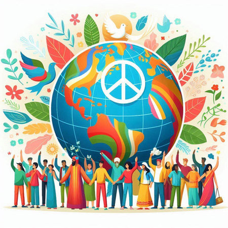 International day of peace. Group of people around the globe. Vector illustration.のイラスト素材
