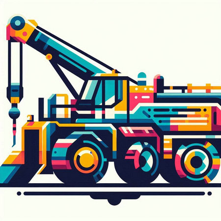 Vector illustration of heavy construction machinery. Industrial background with crane and truck.のイラスト素材