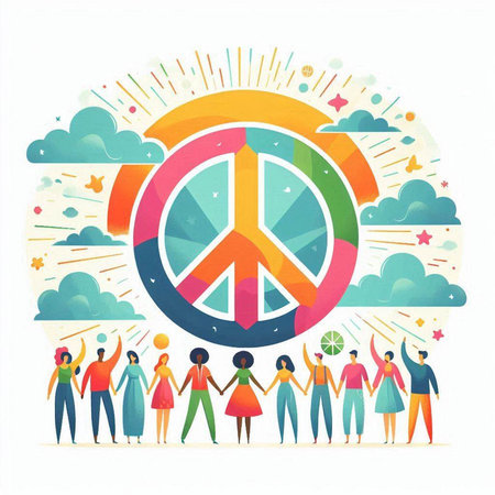 Peace sign with people around. International Day of Peace. Vector illustration.のイラスト素材