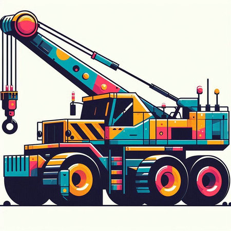 Crane, heavy duty construction equipment. Vector illustration in retro style