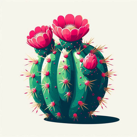 Cactus with red flowers. Vector illustration of a cactus.のイラスト素材
