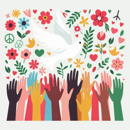 Hand drawn vector illustration of happy international peace day with white dove.のイラスト素材