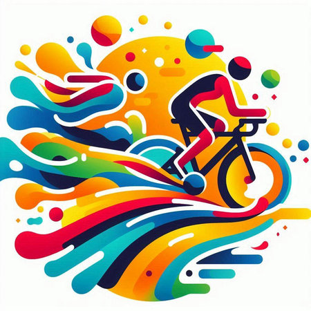 Cyclist riding a bicycle on colorful abstract background, vector illustrationのイラスト素材
