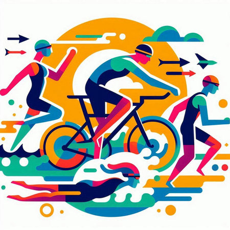 Cyclists, vector illustration, flat design style, abstract backgroundのイラスト素材
