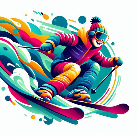 Cartoon skier on a background of colored splashes. Vector illustration.のイラスト素材