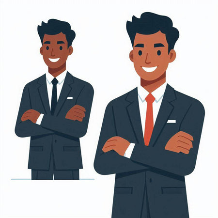 Two businessmen standing with crossed arms. Vector illustration in cartoon style.