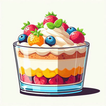 Colorful vector illustration of a cake in a glass with berries.のイラスト素材