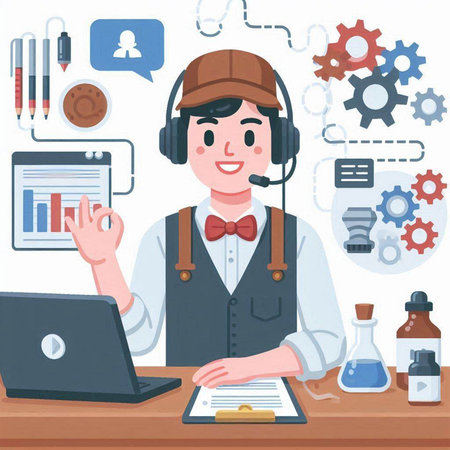 Illustration of a man in a call center working with a laptopのイラスト素材
