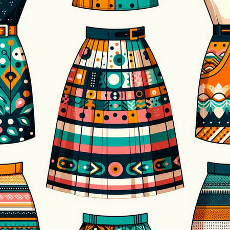 Seamless pattern with colorful women's skirts. Vector illustration.