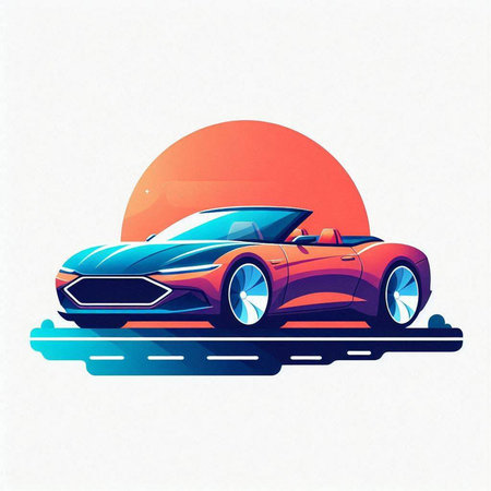 Retro sport car on the road at sunset. Vector illustration.のイラスト素材