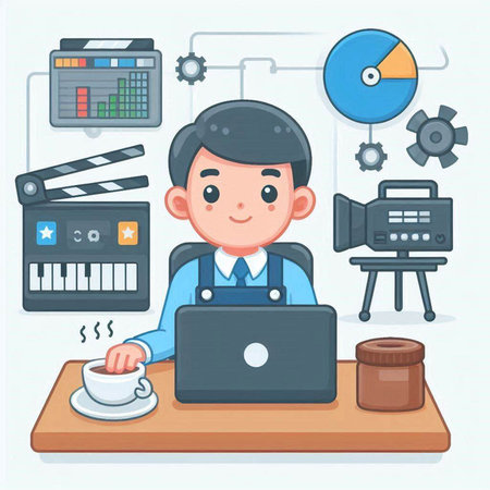 Cartoon man working on laptop. Vector illustration in flat style.
