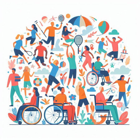 Disabled people flat vector illustration. People in wheelchairs, men and women on the background of nature.のイラスト素材