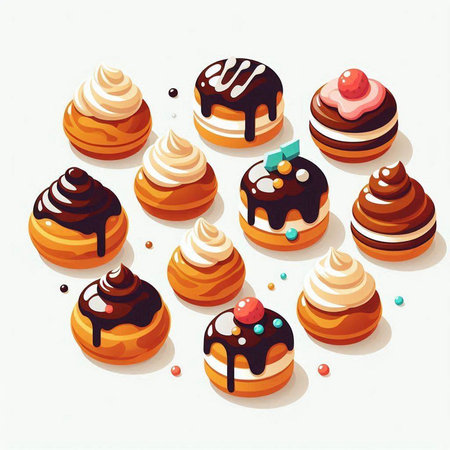 Cakes with chocolate and cream on a white background. Vector illustrationのイラスト素材