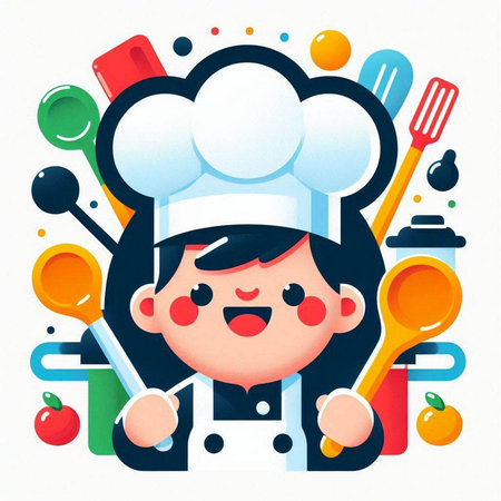 Illustration of a Cute Cartoon Chef Girl with Different Kitchen Utensilsのイラスト素材