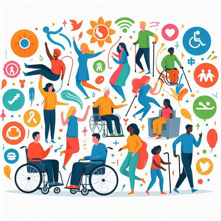 Disabled people concept. Vector illustration in flat cartoon style. People with disabilities, amputee, disabled man, disabled woman, disabled man, handicapped man, handicapped man, disabled womanのイラスト素材
