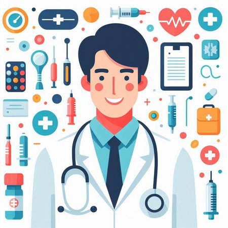 Cartoon doctor with stethoscope and medical icons. Vector illustrationのイラスト素材