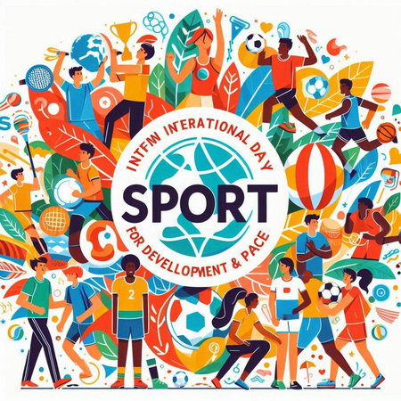 Sport poster with people and sport equipment. Flat design vector illustration.のイラスト素材