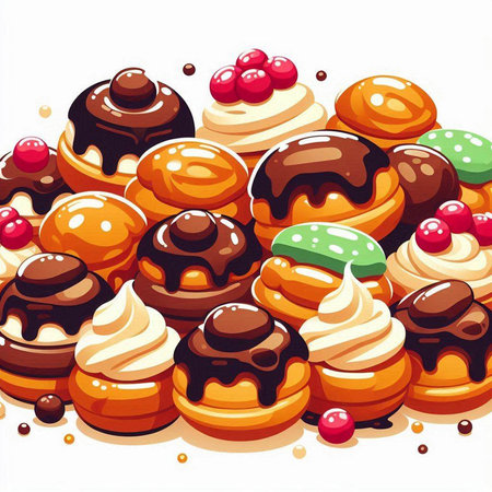 Illustration of a set of cakes with cream, chocolate and berriesのイラスト素材