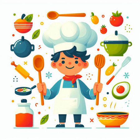 Cartoon chef boy cooking. Vector illustration in a flat style.のイラスト素材