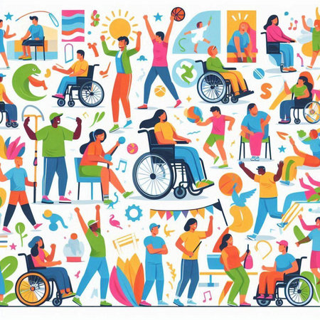 Disabled people flat design seamless pattern with disabled people on wheelchair vector illustration
