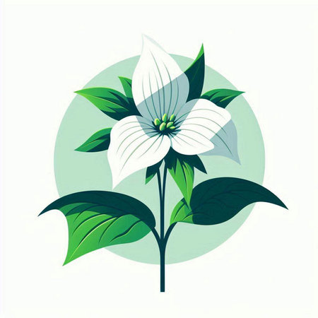 Illustration of a white flower on a green background with leaves.のイラスト素材