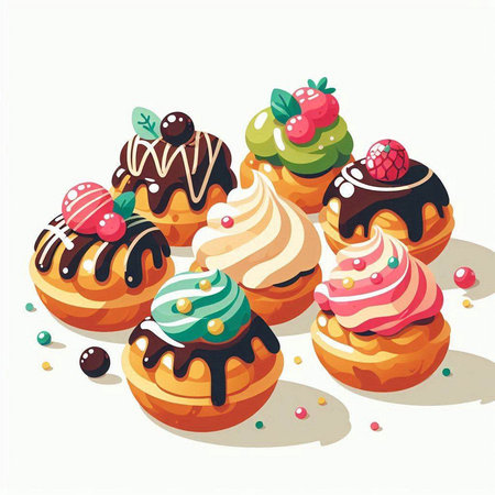 Vector illustration of a set of delicious cupcakes with different toppingsのイラスト素材