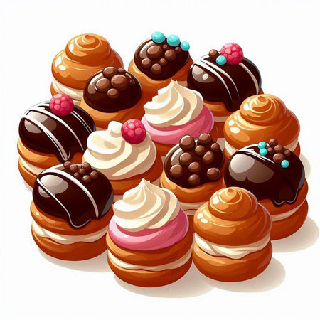 Illustration of a group of donuts with cream and chocolate on a white backgroundのイラスト素材