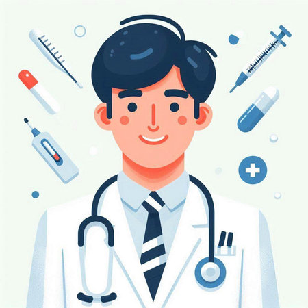 Doctor with stethoscope and syringe. Vector illustration in flat styleのイラスト素材