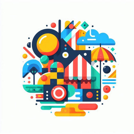 Flat design modern vector illustration concept of big city with colorful geometric shapesのイラスト素材