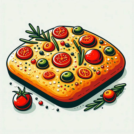 Illustration of a pizza with tomato, olives and rosemaryのイラスト素材