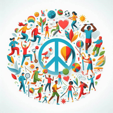 World peace day concept with people around peace sign. Vector illustration.のイラスト素材