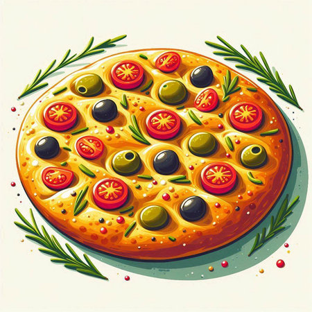 Illustration of a pizza with olives, tomato and rosemaryのイラスト素材