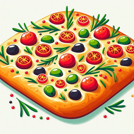 Illustration of a pizza with tomatoes, olives and rosemaryのイラスト素材