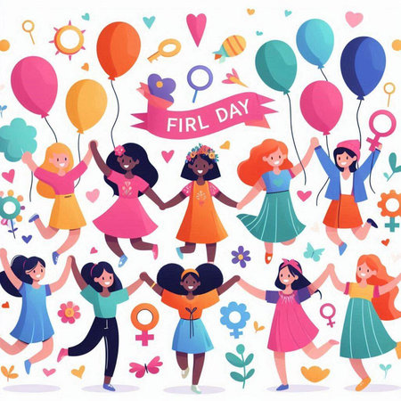 International Women's Day. Flat vector illustration of happy girls and women with balloons.のイラスト素材