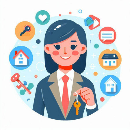 Real estate agent woman with house keys. Flat design vector illustration.のイラスト素材