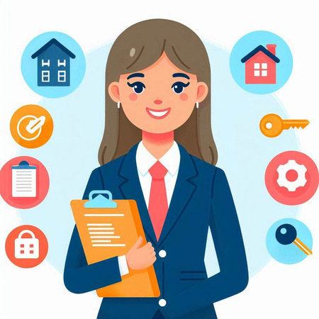 Real estate agent. Businesswoman with clipboard and house icons. Vector illustration.のイラスト素材