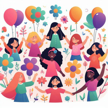 Happy girls with flowers and balloons. Vector illustration in flat style.のイラスト素材