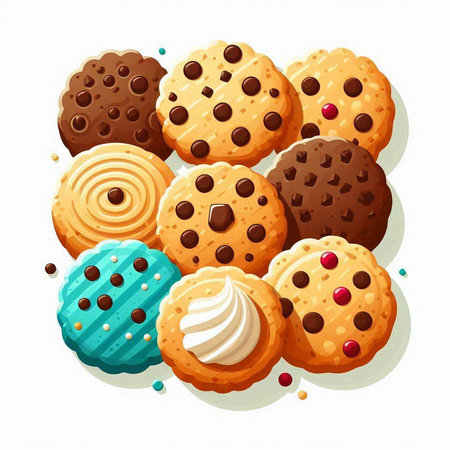 Illustration of a group of cookies with different flavors on a white backgroundのイラスト素材