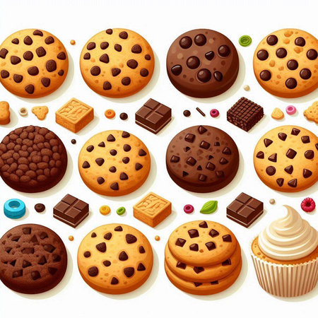 Chocolate chip cookies and chocolate candies. Vector realistic illustration.のイラスト素材