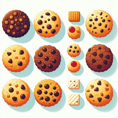 Illustration of a set of chocolate cookies with different flavors and shapes