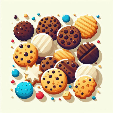 Vector illustration of delicious cookies with chocolate chips and colorful dragees