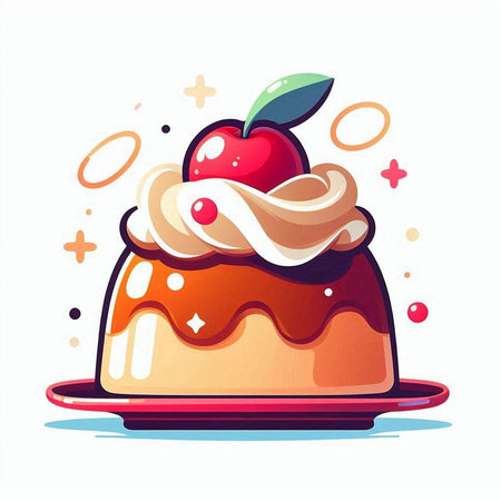 Cake with cherry on top. Vector illustration of sweet dessert.