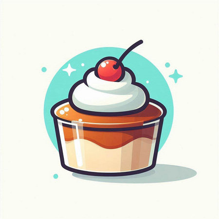 Cupcake with whipped cream and cherry on top. Vector illustration.のイラスト素材